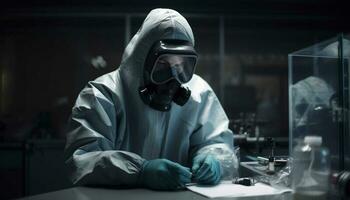 especialista cientista trabalho com perigoso produtos químicos dentro de casa gerado de ai foto