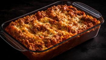 cozido lasanha fatia com carne, legumes e queijo gerado de ai foto