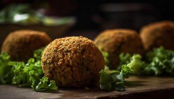 fresco, caseiro, vegetariano falafel em rústico madeira gerado de ai foto