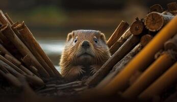 molhado Castor parece às Câmera com registro gerado de ai foto