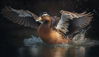 pato-real drake vôo sobre gelado inverno lagoa gerado de ai foto