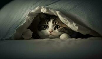 fofa gatinho mentiras em cama desfrutando descansar gerado de ai foto