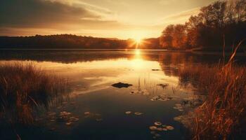 pôr do sol sobre tranquilo lago, refletindo vibrante outono cores gerado de ai foto