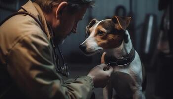 caucasiano veterinario examinando fofa de raça pura cachorro dentro de casa gerado de ai foto