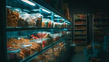 abundância do fresco Comida em ampla supermercado prateleiras gerado de ai foto