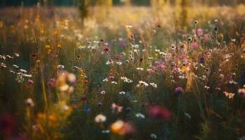 vibrante flores silvestres Flor dentro tranquilo Prado pôr do sol gerado de ai foto