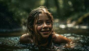 sorridente menina goza verão Diversão dentro água gerado de ai foto
