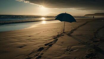 caminhando em molhado areia, desfrutando verão pôr do sol gerado de ai foto