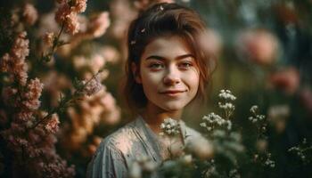 jovem mulher sorridente dentro natureza beleza gerado de ai foto