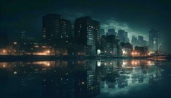 uma futurista cidade iluminado de azul luzes gerado de ai foto