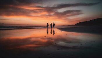 casal em pé às águas borda, assistindo pôr do sol gerado de ai foto