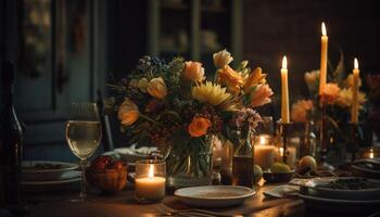 rústico luz de velas ilumina elegante floral arranjo dentro de casa gerado de ai foto