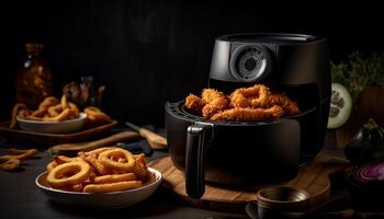 grelhado carne e fritas, uma rústico festa gerado de ai foto