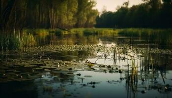 tranquilo lagoa reflete a beleza do natureza gerado de ai foto