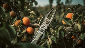 saudável jardinagem colheita maduro citrino com aço lâminas gerado de ai foto