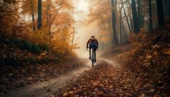 homens e mulheres ciclismo através outono floresta gerado de ai foto