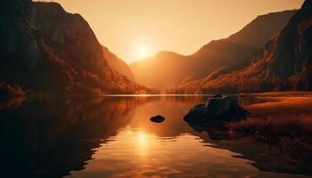 majestoso montanha pico silhueta, pôr do sol reflete tranquilidade gerado de ai foto