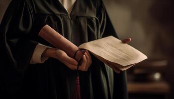 1 pessoa segurando diploma, em pé dentro celebração gerado de ai foto