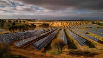 Sol conjuntos em vento fazenda, energizando indústria gerado de ai foto