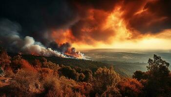 queimando floresta, fumaça Aumentar sobre montanha pico gerado de ai foto