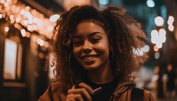 1 mulher sorridente com elegante confiança, iluminado gerado de ai foto