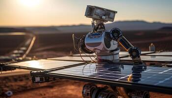 futurista robótico braço controles maquinaria às crepúsculo gerado de ai foto