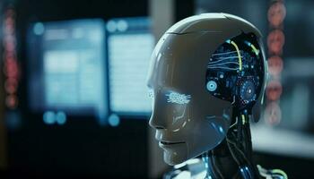 futurista cyborg especialista com brilhando robótico braço gerado de ai foto
