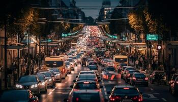 cidade pressa hora, carros, ônibus e multidões movimentado gerado de ai foto