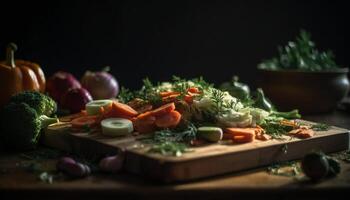 fresco legumes e ervas saudável gourmet salada fatia gerado de ai foto