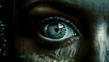 cyborg vigilância fechar acima do humano olho com tecnologia gerado de ai foto