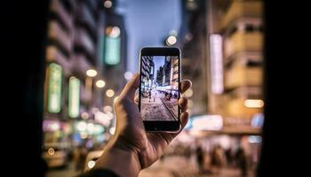 jovem adulto segurando telefone, capturando cidade vida noturna gerado de ai foto