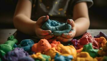 pré escola crianças jogando com colorida argila, Aprendendo criatividade e habilidade gerado de ai foto