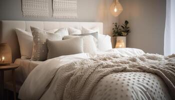 moderno luxo quarto com confortável roupa de cama e elegante decoração gerado de ai foto
