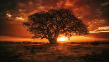 silhueta do acácia árvore costas aceso de laranja pôr do sol céu gerado de ai foto