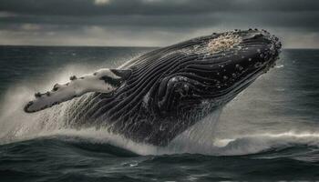 majestoso gigante corcunda baleia espirrando dentro Preto e branco água gerado de ai foto