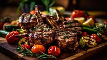 uma seleção do grelhado gourmet carnes em de madeira borda. ai generativo. foto