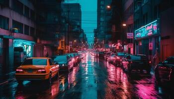 pressa hora tráfego ilumina cidade Horizonte com multi colori luz trilhas gerado de ai foto