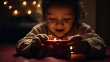 uma alegre criança pequena segurando uma vela, desfrutando Natal decoração dentro de casa gerado de ai foto