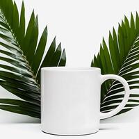 minimalista branco caneca brincar limpar \ limpo escrivaninha com Claro fundo generativo ai foto