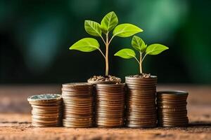 financeiro crescimento floresce mudas em empilhado moedas, uma vibrante símbolo do investimento e poupança generativo ai foto