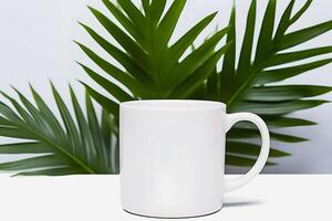 minimalista branco caneca brincar limpar \ limpo escrivaninha com Claro fundo generativo ai foto