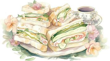 erva Comida aguarela pintura do sanduíche comestível prato com flor e chá copo para festa conceito. foto