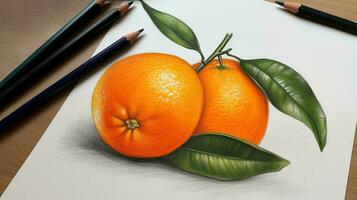 3d arte imagem do realista desenhando laranja com lápis ilustração. generativo ai. foto