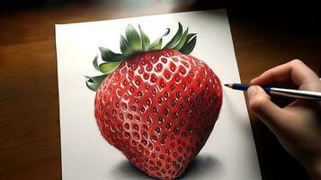 3d arte apresentando imagem do mão desenhando realista morango com lápis. generativo ai. foto