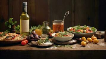 banquete conjunto do delicioso Mediterrâneo Comida com bebidas para celebração. generativo ai. foto