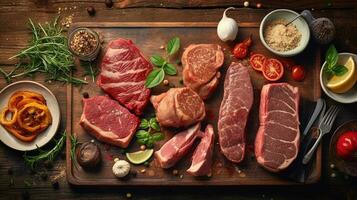 topo Visão do defumado carne fatia com salada e garfo colher em de madeira prato para pronto para comer não veg Comida fechar-se imagem. foto