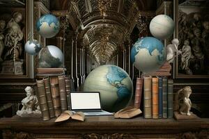 vintage escritório ou estude quarto espaço Projeto do digital computador portátil com livros e globo cercar dentro histórico pintura sala. generativo ai. foto