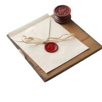 topo Visão do vermelho cera selado branco velho carta envelope em de madeira borda. foto