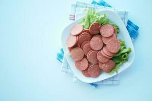 defumado salame linguiça em uma prato em branco fundo foto