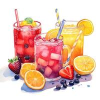 coquetéis com fresco frutas, bagas e gelo cubos. ai gerado. frio fruta bebidas. aguarela ilustração. ai gerado foto